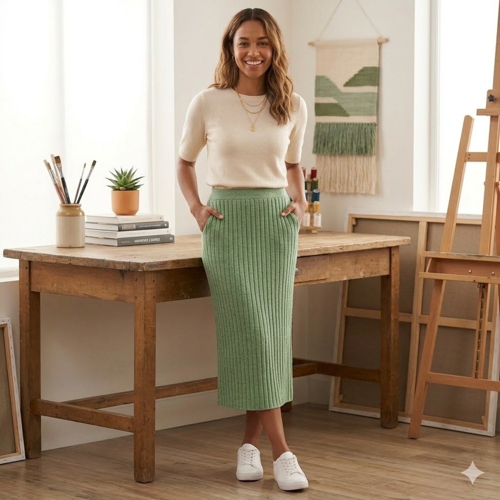 Ribbed Knit Skirt in Sage Green
